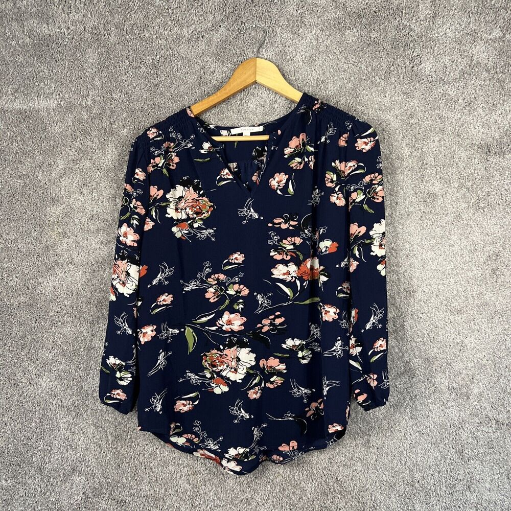 Fun 2 Fun Shirt Womens Small Blue Floral 3/4 Sleeve V-Neck Stitch Fix Top